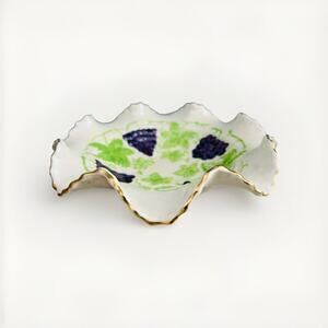 Majolica Ceramic Hand Painted Candy Dish Bowl Grape Design Gold Trim Signed JLM